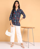 BLOCKS OF INDIA Cotton Hand Printed Short Kurti for Women Short Blue Red Flower