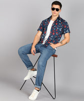 BLOCKS OF INDIA Cotton Hand Block Print Half Sleeves Summer Shirt for Men Blue Red Flower