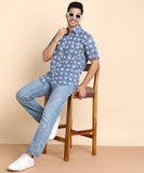 BLOCKS OF INDIA Cotton Hand Block Print Half Sleeves Summer Shirt for Men (Blue Flower)