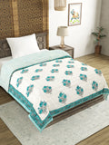 Cotton Medium/Queen Size Quilt Hand Block Print for Light Winters (70 x 100 Inches) (Turquoise Buta)