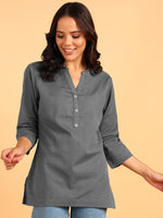 BLOCKS OF INDIA Cotton Hand Solid Color Kurti for Women - Grey