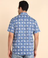 BLOCKS OF INDIA Cotton Hand Block Print Half Sleeves Summer Shirt for Men (Blue Flower)