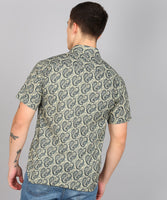 BLOCKS OF INDIA Cotton Hand Block Print Half Sleeves Summer Shirt for Men Grey Yellow Kairi