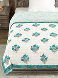 Cotton Medium/Queen Size Quilt Hand Block Print for Light Winters (70 x 100 Inches) (Turquoise Buta)