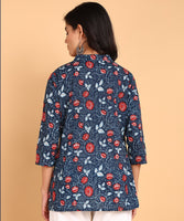 BLOCKS OF INDIA Cotton Hand Printed Short Kurti for Women Short Blue Red Flower