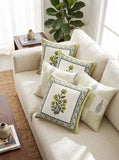 Rajasthani Handmade Hand Block Print Cotton Cushion Cover , Green Rose (5 Pcs)