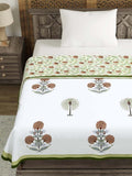 Hand Block Printed Cotton Summer Single Size Reversible Printed Malmal Dohar Open Green Motifs