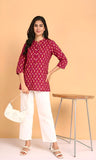 Cotton Hand Printed Short Kurti for Women Short Maroon Ikat