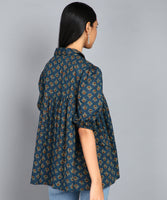 BLOCKS OF INDIA Cotton Hand Printed Short Kurti for Women Top Blue Buti