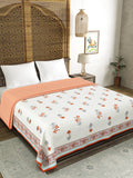 Hand Block Printed 100% Cotton Dohar King Size Reversible (Grey Orange Flower)