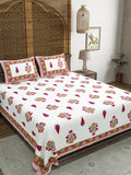 Hand Block Print Cotton King Size Bedsheet (Pink Rose)