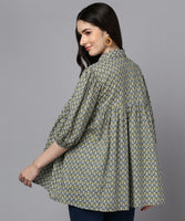 BLOCKS OF INDIA Cotton Block Print Oversized Short Kurti TOP for Women/Girls (Green buti)