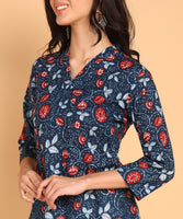BLOCKS OF INDIA Cotton Hand Printed Short Kurti for Women Short Blue Red Flower