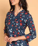 BLOCKS OF INDIA Cotton Hand Printed Short Kurti for Women Short Blue Red Flower
