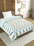 Cotton Medium/Queen Size Quilt Hand Block Print for Light Winters (70 x 100 Inches) (Blue Green Rose)
