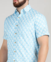 BLOCKS OF INDIA Cotton Hand Block Print Half Sleeves Summer Shirt for Men (White Blue Buti)