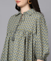 BLOCKS OF INDIA Cotton Block Print Oversized Short Kurti TOP for Women/Girls (Green buti)