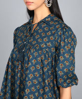 BLOCKS OF INDIA Cotton Hand Printed Short Kurti for Women Top Blue Buti