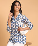 BLOCKS OF INDIA Cotton Hand Printed Short Kurti for Women Short Blue Buti