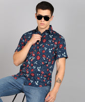 BLOCKS OF INDIA Cotton Hand Block Print Half Sleeves Summer Shirt for Men Blue Red Flower