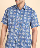 BLOCKS OF INDIA Cotton Hand Block Print Half Sleeves Summer Shirt for Men (Blue Flower)