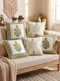 Rajasthani Handmade Hand Block Print Cotton Cushion Cover , Green Rose (5 Pcs)