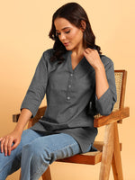 BLOCKS OF INDIA Cotton Hand Solid Color Kurti for Women - Grey