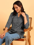 BLOCKS OF INDIA Cotton Hand Solid Color Kurti for Women - Grey