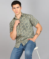 BLOCKS OF INDIA Cotton Hand Block Print Half Sleeves Summer Shirt for Men Grey Yellow Kairi