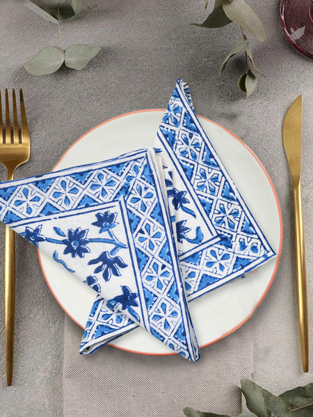 BLOCKS OF INDIA Hand Block Print Cotton Table Napkin (Blue jaal)