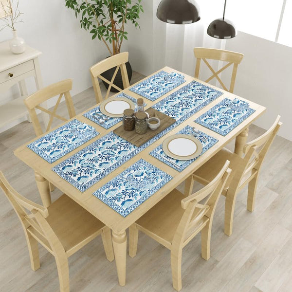 BLOCKS OF INDIA Hand Block Printed Cotton Table Runner, Mat and Napkin Set for Center/Dining Table (Blue jaal)
