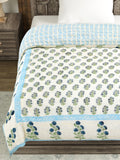 Cotton Medium/Queen Size Quilt Hand Block Print for Light Winters (70 x 100 Inches) (Blue Green Rose)