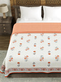 Hand Block Printed 100% Cotton Dohar King Size Reversible (Grey Orange Flower)