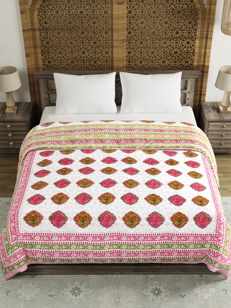 BLOCKS OF INDIA Hand Block Printed Cotton King Size Quilt (Pink Peach Rose)