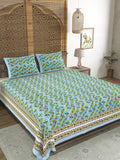 Hand Block Print Cotton King Size Bedsheet Blue Grey Buti TA