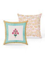 Rajasthani Handmade Hand Block Print Cotton Cushion Cover , Yellow Pink Flower (5 Pcs)