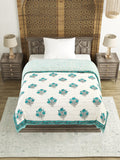 Cotton Medium/Queen Size Quilt Hand Block Print for Light Winters (70 x 100 Inches) (Turquoise Buta)
