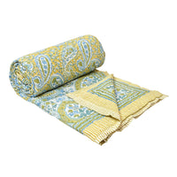 BLOCKS OF INDIA Hand Block Printed Cotton King Size Quilt (Green GAD Paisley)