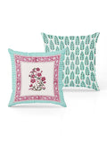 Rajasthani Handmade Hand Block Print Cotton Cushion Cover , Turquoise Pink Motifs (5 Pcs)