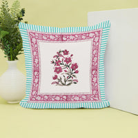 Rajasthani Handmade Hand Block Print Cotton Cushion Cover , Turquoise Pink Motifs (5 Pcs)