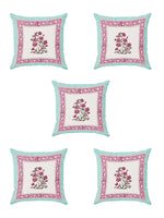 Rajasthani Handmade Hand Block Print Cotton Cushion Cover , Turquoise Pink Motifs (5 Pcs)