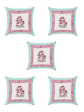 Rajasthani Handmade Hand Block Print Cotton Cushion Cover , Turquoise Pink Motifs (5 Pcs)