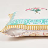 Rajasthani Handmade Hand Block Print Cotton Cushion Cover , Yellow Pink Flower (5 Pcs)
