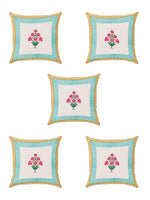 Rajasthani Handmade Hand Block Print Cotton Cushion Cover , Yellow Pink Flower (5 Pcs)