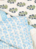 Cotton Medium/Queen Size Quilt Hand Block Print for Light Winters (70 x 100 Inches) (Blue Green Rose)