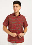 BLOCKS OF INDIA Cotton Hand Block Print Half Sleeves Summer Shirt for Men Red Turq Flr
