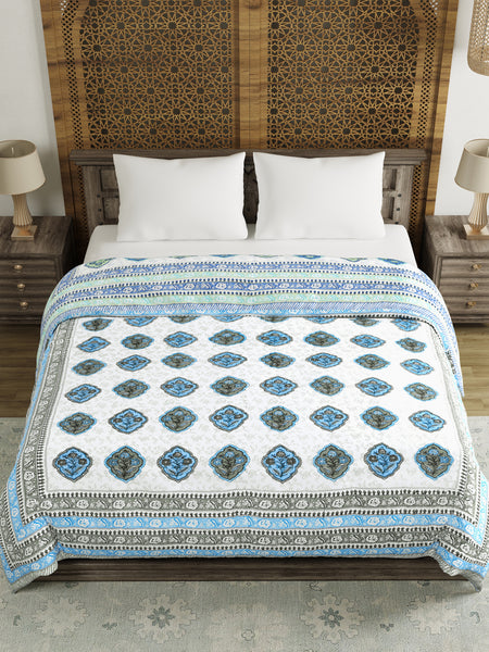 BLOCKS OF INDIA Hand Block Printed Cotton King Size Quilt (Grey Rose)