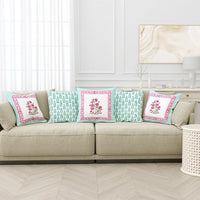 Rajasthani Handmade Hand Block Print Cotton Cushion Cover , Turquoise Pink Motifs (5 Pcs)