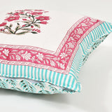 Rajasthani Handmade Hand Block Print Cotton Cushion Cover , Turquoise Pink Motifs (5 Pcs)