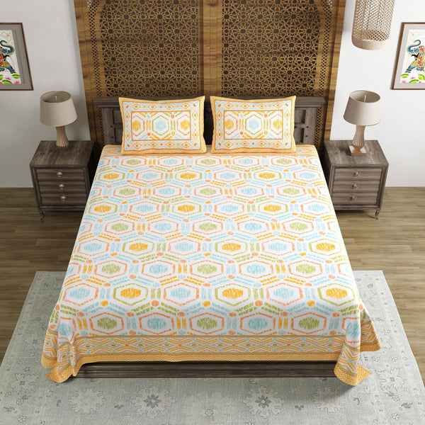 BLOCKS OF INDIA Hand Block Print Cotton King Size Bedsheet (225 X 270 cm) (Yellow Ikat)